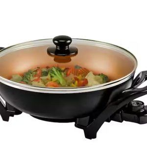 Copper Electric Wok with Nonstick Coating, Family-Sized Skillet with Tempered Gl